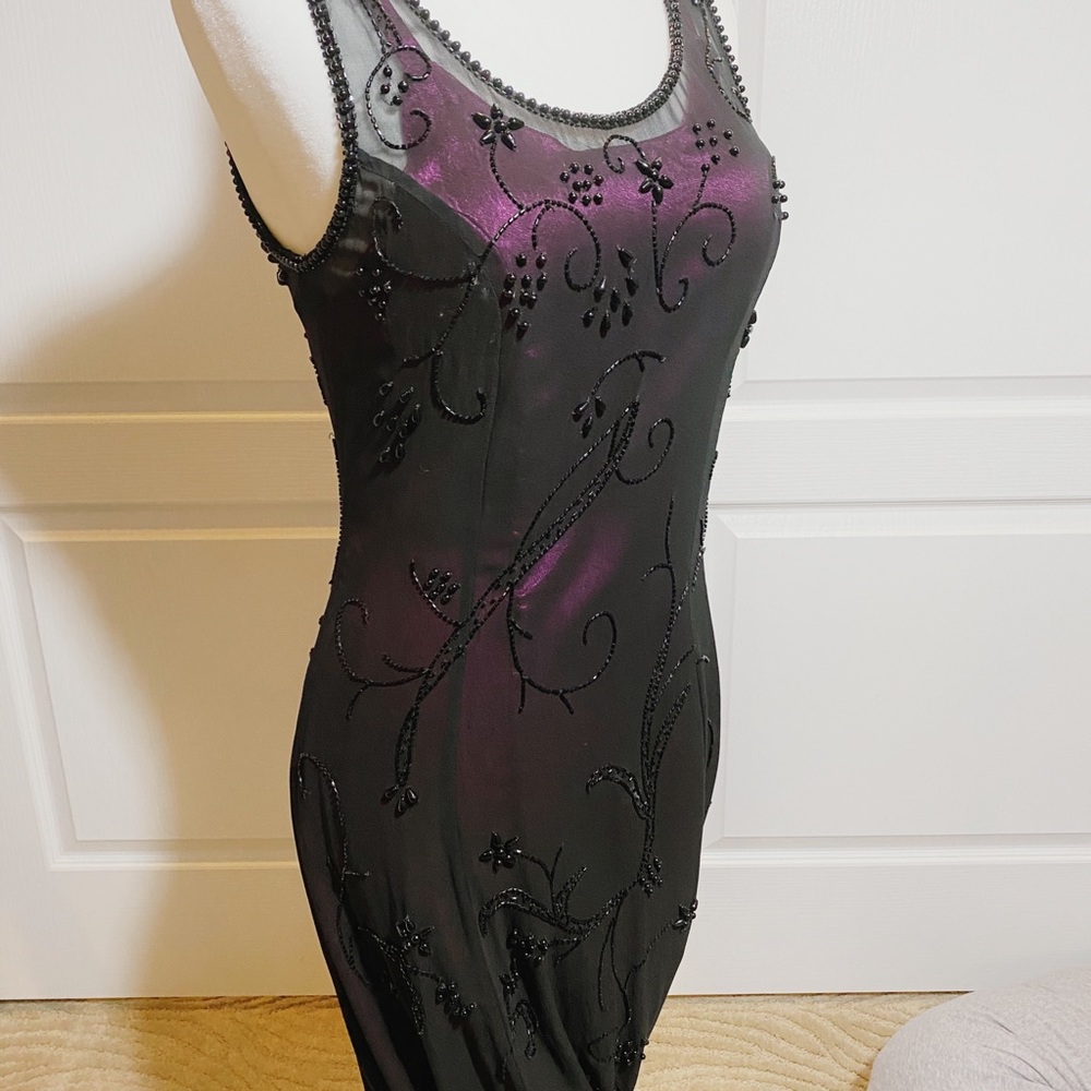 Black Sheer Beaded Dress over Fuschia Silk Slip